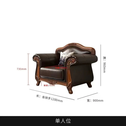 American vintage leather sofa living room solid wood country European style sofa inline furniture