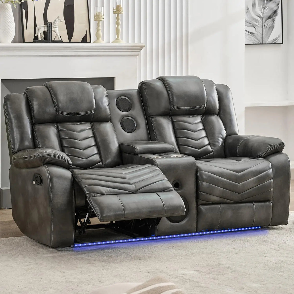 TODRANI Manual Recliner Loveseat with Bass Speaker, Faux Leather Reclining Love Seat with LED Lights, USB Charger, Cup Holder