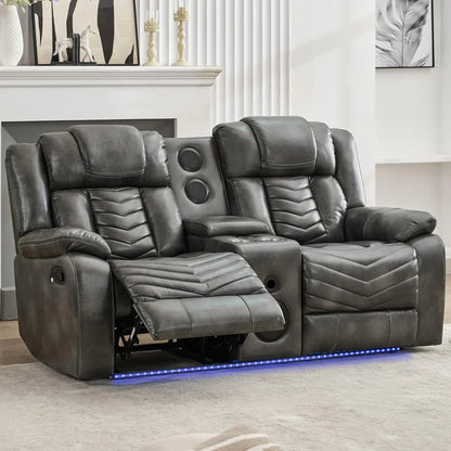 TODRANI Manual Recliner Loveseat with Bass Speaker, Faux Leather Reclining Love Seat with LED Lights, USB Charger, Cup Holder