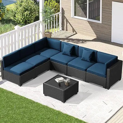 7-piece outdoor patio set, rattan chairs, glass table, wicker sectional for conversation seating