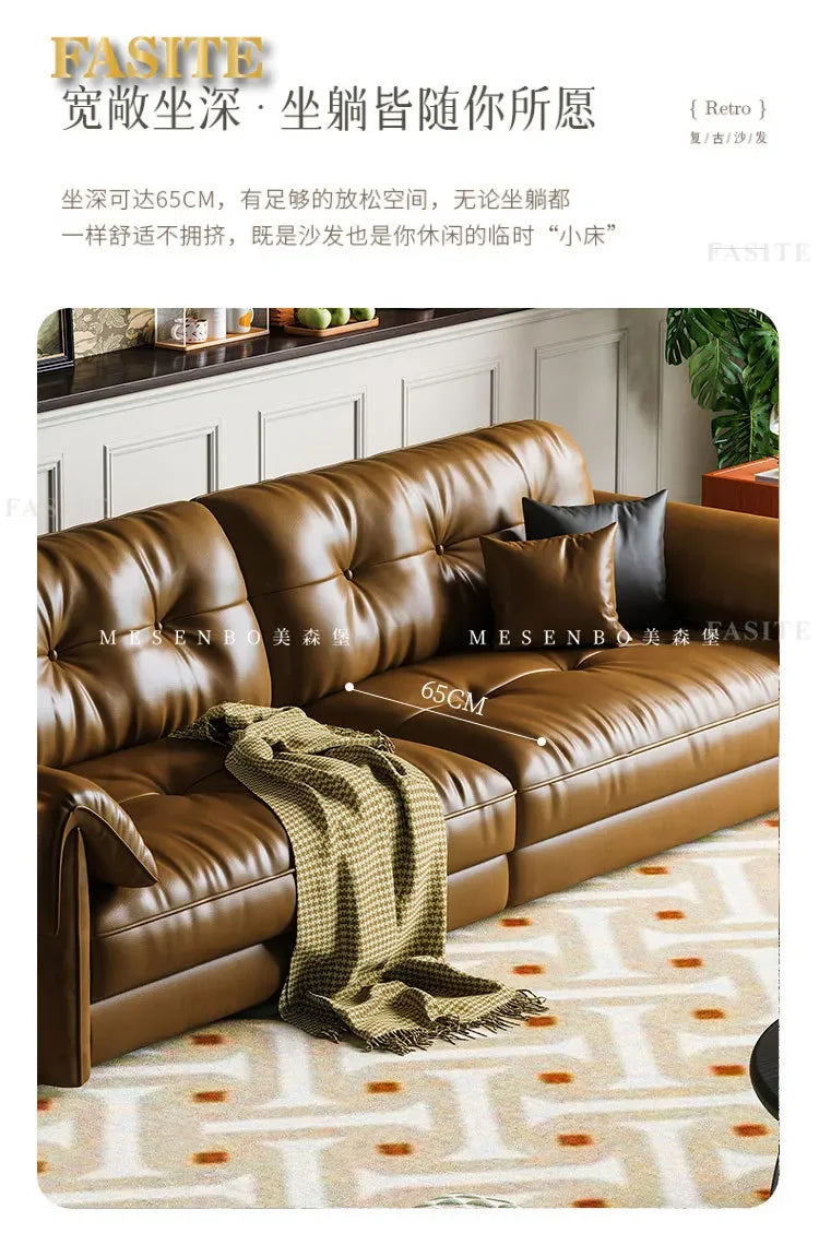 Oil wax leather sofa, French retro style, large and small apartment, living room straight combination