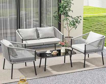 4-Piece Patio Furniture Wicker Outdoor Bistro Set, All Weather Rattan Loveseat Gray Rope Conversation Sets with Soft Cushions a