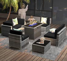 8 Pieces Patio Furniture Set with 44"  Fire Pit Table, Outdoor Sectional Wicker Conversation Sofa Sets with Coffee Table