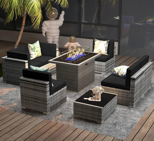 8 Pieces Patio Furniture Set with 44"  Fire Pit Table, Outdoor Sectional Wicker Conversation Sofa Sets with Coffee Table