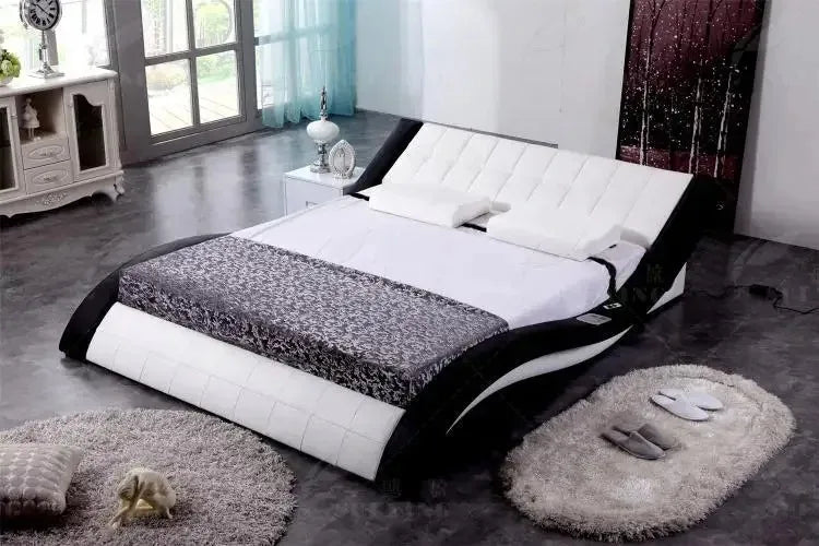 Leather Bed Furniture Master Bedroom Double Bed, Nordic, Simple Multifunctional Soft Bag Bed Smart Bed With LED Light Outlet