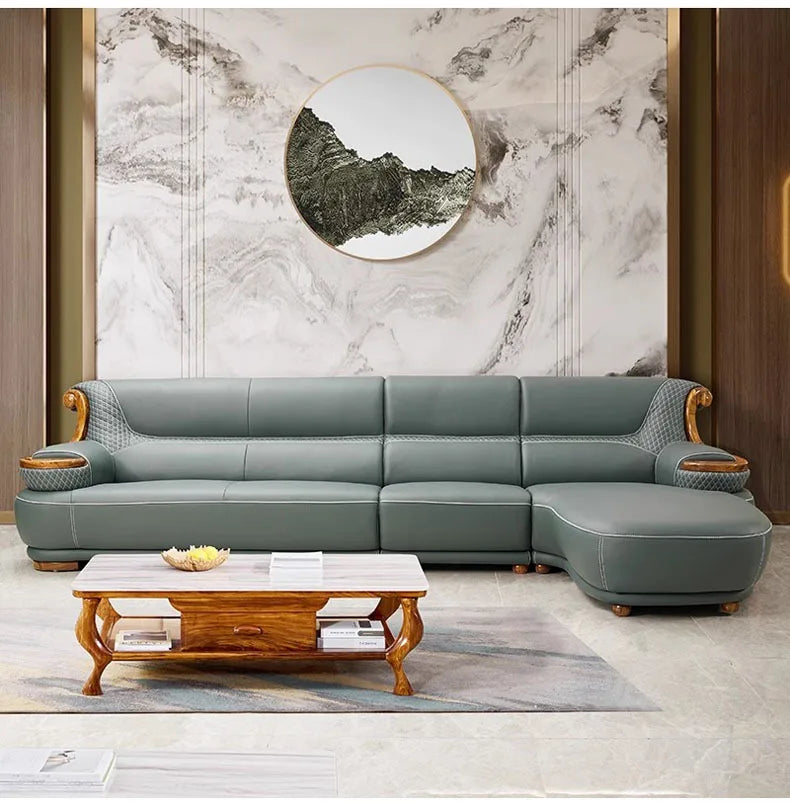 Modern minimalist, ebony leather sofa, new Chinese combination