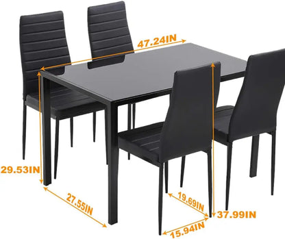 5-Piece Dining Table Set, Rectangular Black Glass Table with 4 Faux Leather Metal Chairs, Modern for Small Spaces