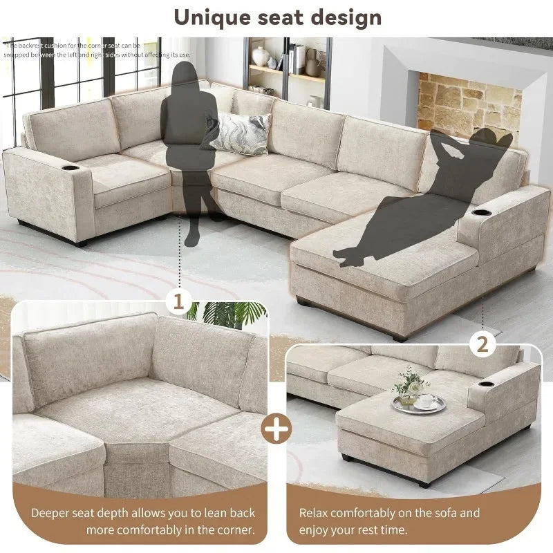 Large U-Shaped 6-Seat Chenille Sectional Sofa Set with Chaise, Cup Holders for Spacious Living Room