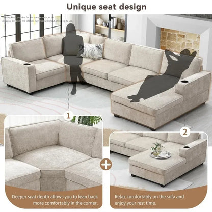 Large U-Shaped 6-Seat Chenille Sectional Sofa Set with Chaise, Cup Holders for Spacious Living Room