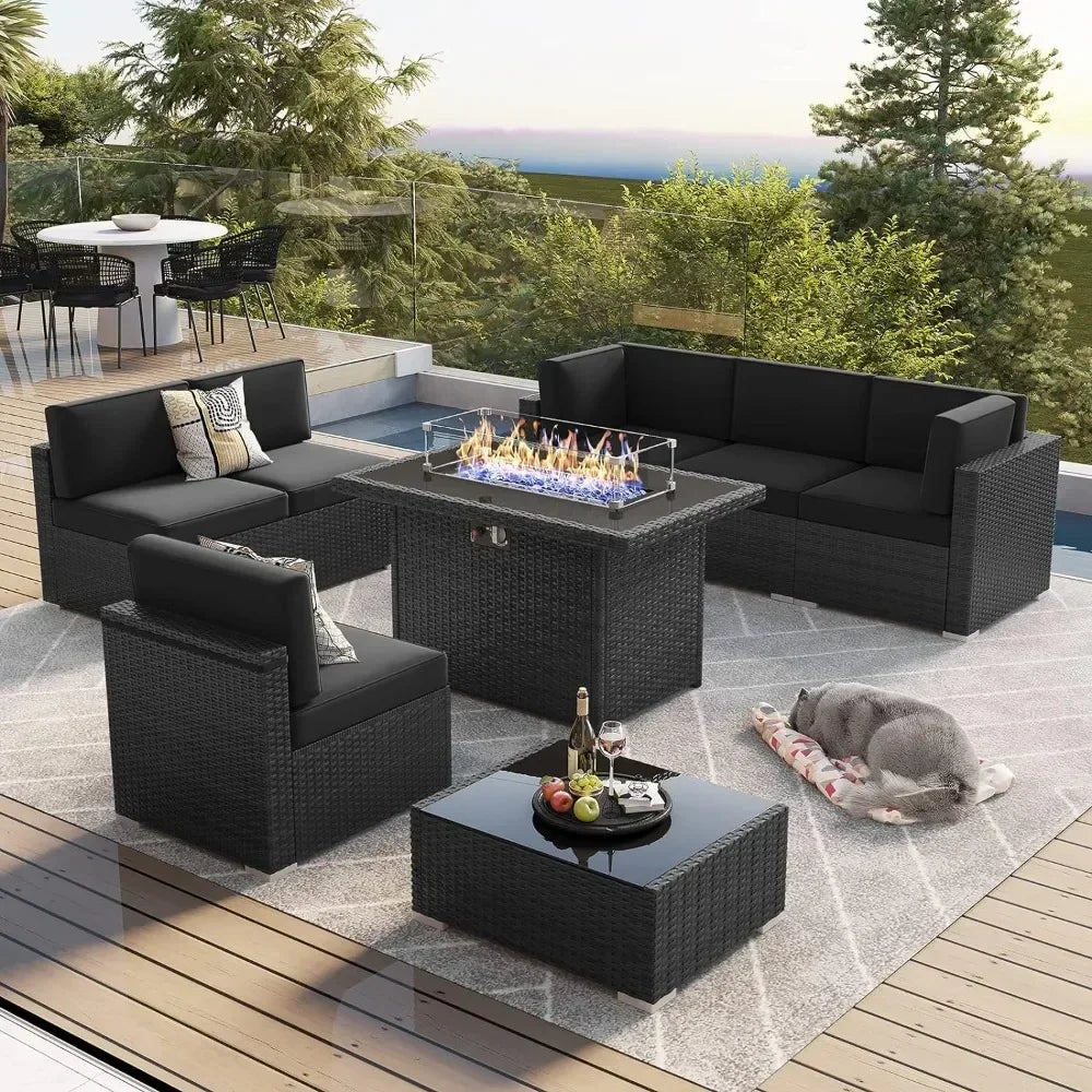 Furniture Set with 44" Propane Gas Fire Pit Table, Outdoor Sectional Conversation Set Wicker Rattan Sofa Set with Coffee Table