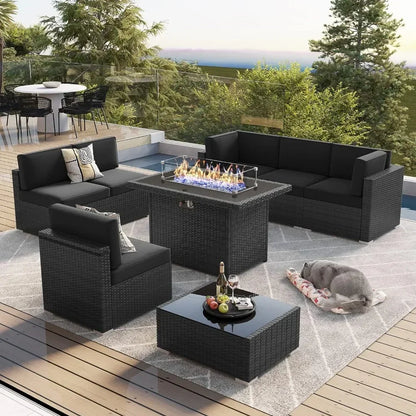 Furniture Set with 44" Propane Gas Fire Pit Table, Outdoor Sectional Conversation Set Wicker Rattan Sofa Set with Coffee Table
