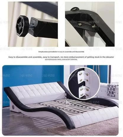 Leather Bed Furniture Master Bedroom Double Bed, Nordic, Simple Multifunctional Soft Bag Bed Smart Bed With LED Light Outlet