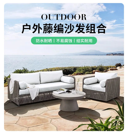 Outdoor sofa teak PE rattan sofa outdoor garden sun protection leisure courtyard rattan chair sofa