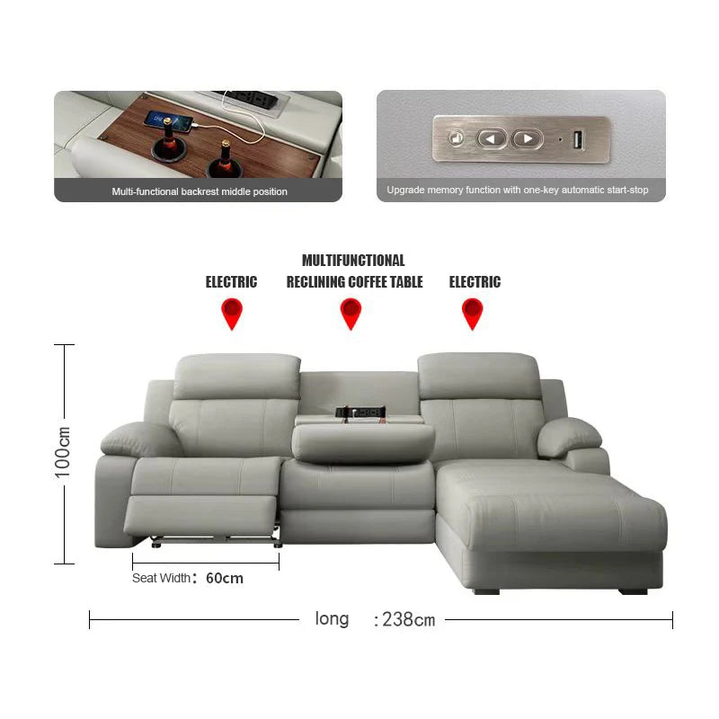 Hot Sale Modern Italian Single Electric Sofa Genuine Leather Multi-Functional Recliner with Metal Corner Combination