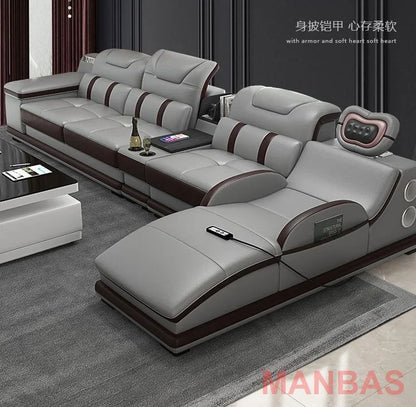 Italian Sofa with Bluetooth, Speaker, Functional Headrest, Massage Chaise | Big Corner Couch