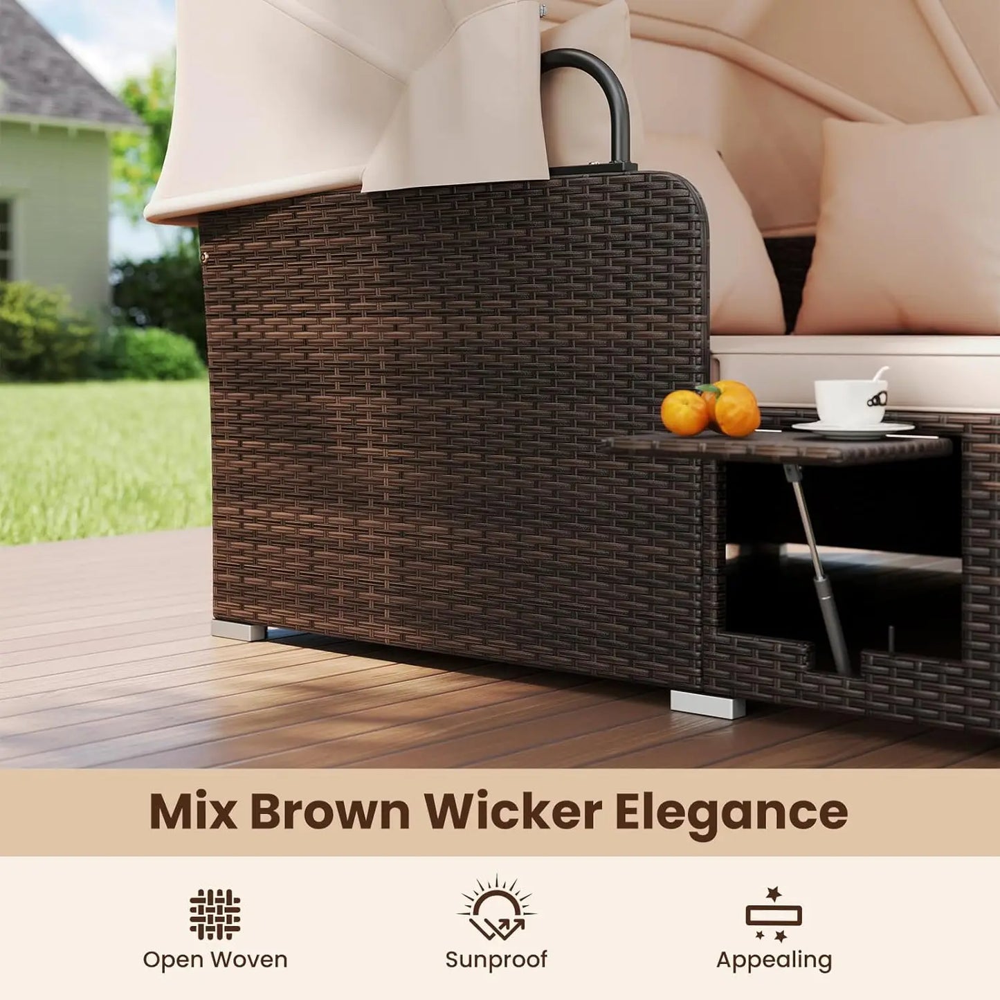 Outdoor Daybed, 2-Person Wicker Patio Sofa with Retractable Canopy, Cushions & Pillows, 2 Side Trays, PE Rattan Double, Custom