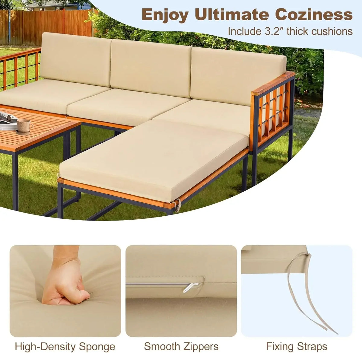 5 Piece Patio Furniture Set, Acacia Wood Sectional Set, Comfy Seat & Back Cushions, Outdoor Wood Conversation Chair Set (Beige)