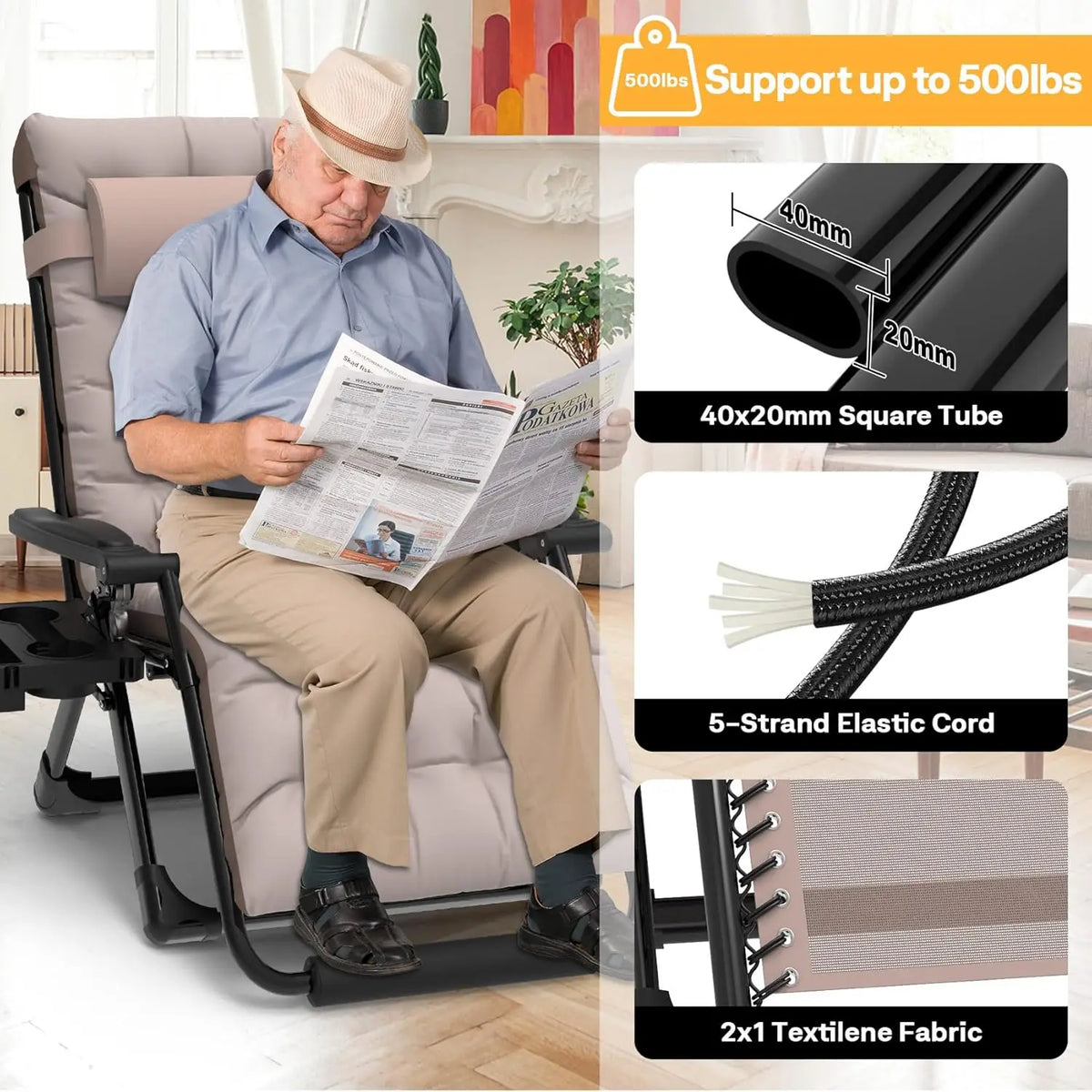 Oversized Zero Gravity Chair XXL, Padded Recliner with Aluminum Lock, Headrest, Cup Holder, Supports 500lbs, Khaki