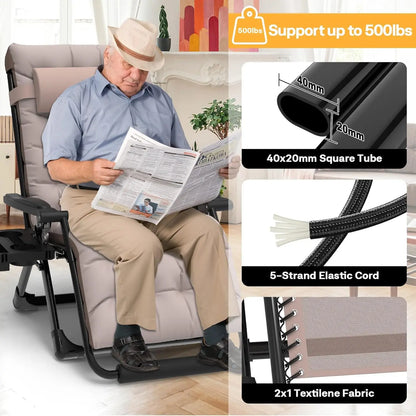 Oversized Zero Gravity Chair XXL, Padded Recliner with Aluminum Lock, Headrest, Cup Holder, Supports 500lbs, Khaki