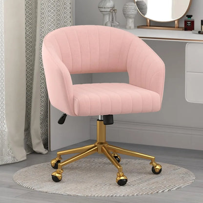 "luxurious swivel velvet desk chair with upholstered accent armchair, modern tufted design, gold base for women's office"