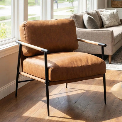 Mid-Century Leather Accent Chair Brown Modern Living Room Chair with Metal Legs Armchair Upholstered Comfy Leisure, Customized