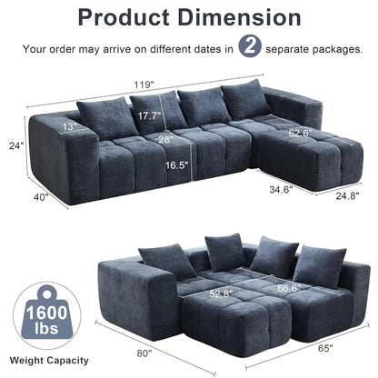 119"Boneless Couch, Cloud Sectional Couch with Deep Seat,High-Density Memory Foam and Chaise,Sectional L Shaped Sofa-Customized