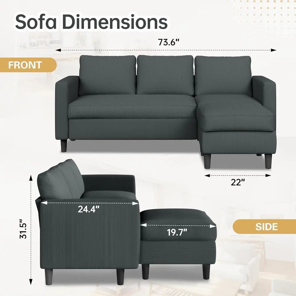 3-Seat Reversible L-Shaped Sectional Sofa with Ottoman