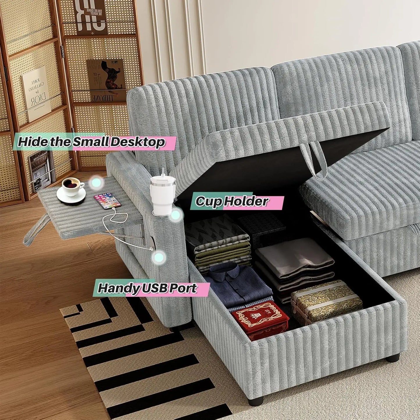 Sleeper Sectional Sofa, 110" Modern U Shaped Couch with Pull Out Bed, Convertible Corduroy Cloud Sofa with Double, Customized