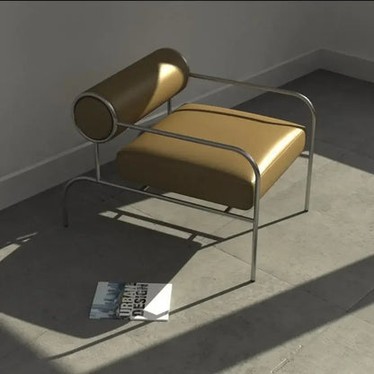 Art Deco Style Chrome & Leather Lounge Chair,Accent Leisure Chair with Geometric Metal Frame,Retro Furniture for Living Room