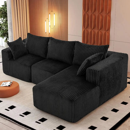 Modern Minimalist Sectional Sofa: L-Shape Cloud Couch with Deep Seats Right Chaise - Black