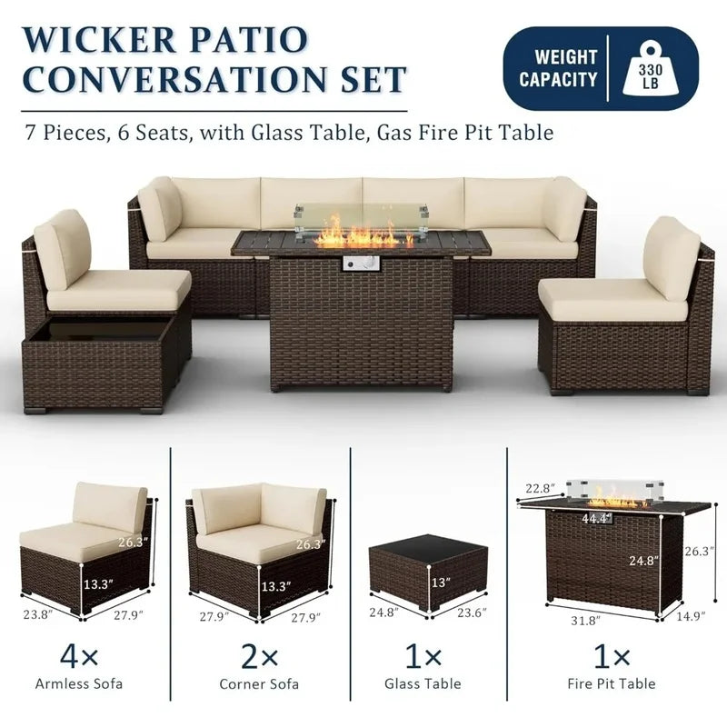 8-Piece Patio Set with 44" Fire Pit Table, Outdoor Couch and Glass Coffee Table, Includes 2 Waterproof Covers