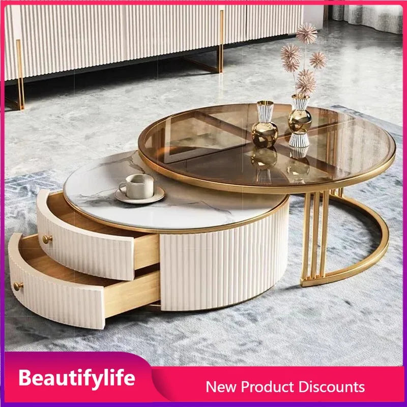 a163  round Glass Stone Plate Coffee Table Modern Minimalist Living Room Home Retractable Size Combination
