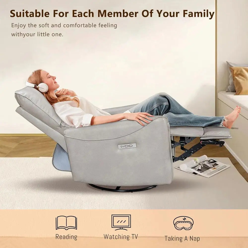 Oversized Power Recliner Swivel Glider Massage Heat Nursery Adjustable Headrest 26in Wide Armrest White Customized