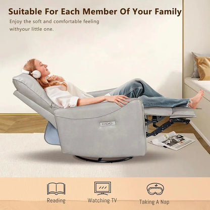 Oversized Power Recliner Swivel Glider Massage Heat Nursery Adjustable Headrest 26in Wide Armrest White Customized