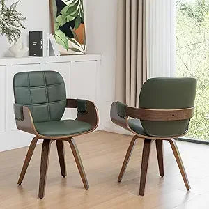 Set of 2 Mid Century Modern Chairs - Swivel Dining Chairs with Arms and Curved Back, Faux Leather Reception Room Chairs, Ideal f
