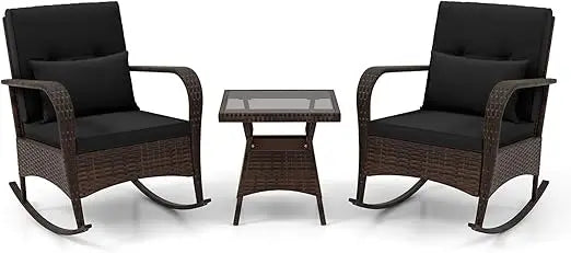 3 Pieces Patio Furniture Set, Outdoor Wicker Rocking Chairs with Cushions, Pillows, Glass Coffee Table, Rattan Bistro Rocker Se