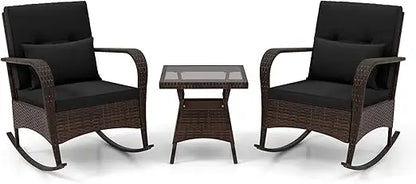 3 Pieces Patio Furniture Set, Outdoor Wicker Rocking Chairs with Cushions, Pillows, Glass Coffee Table, Rattan Bistro Rocker Se