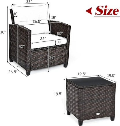 3 Pieces Patio Furniture Set, PE Rattan Wicker 3 Pcs Outdoor Sofa Set w/Washable Cushion and Tempered Glass Tabletop