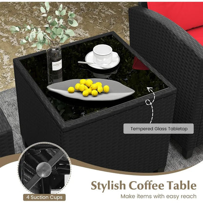 3Piece Rattan Conversation Set with Soft Seat and Back Cushions for Backyard Porch Poolside Use Featuring Tempered Glass Top Co