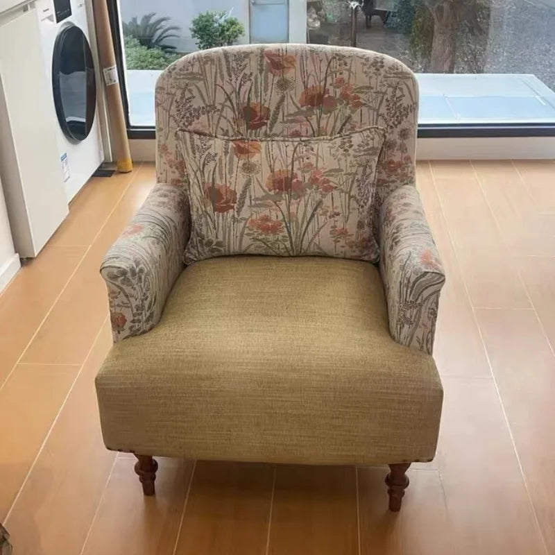 French Retro Cotton and Linen Fabric Sofa Small Apartment Living Room Bedroom Reception Chair Casual Single Sofa Chair