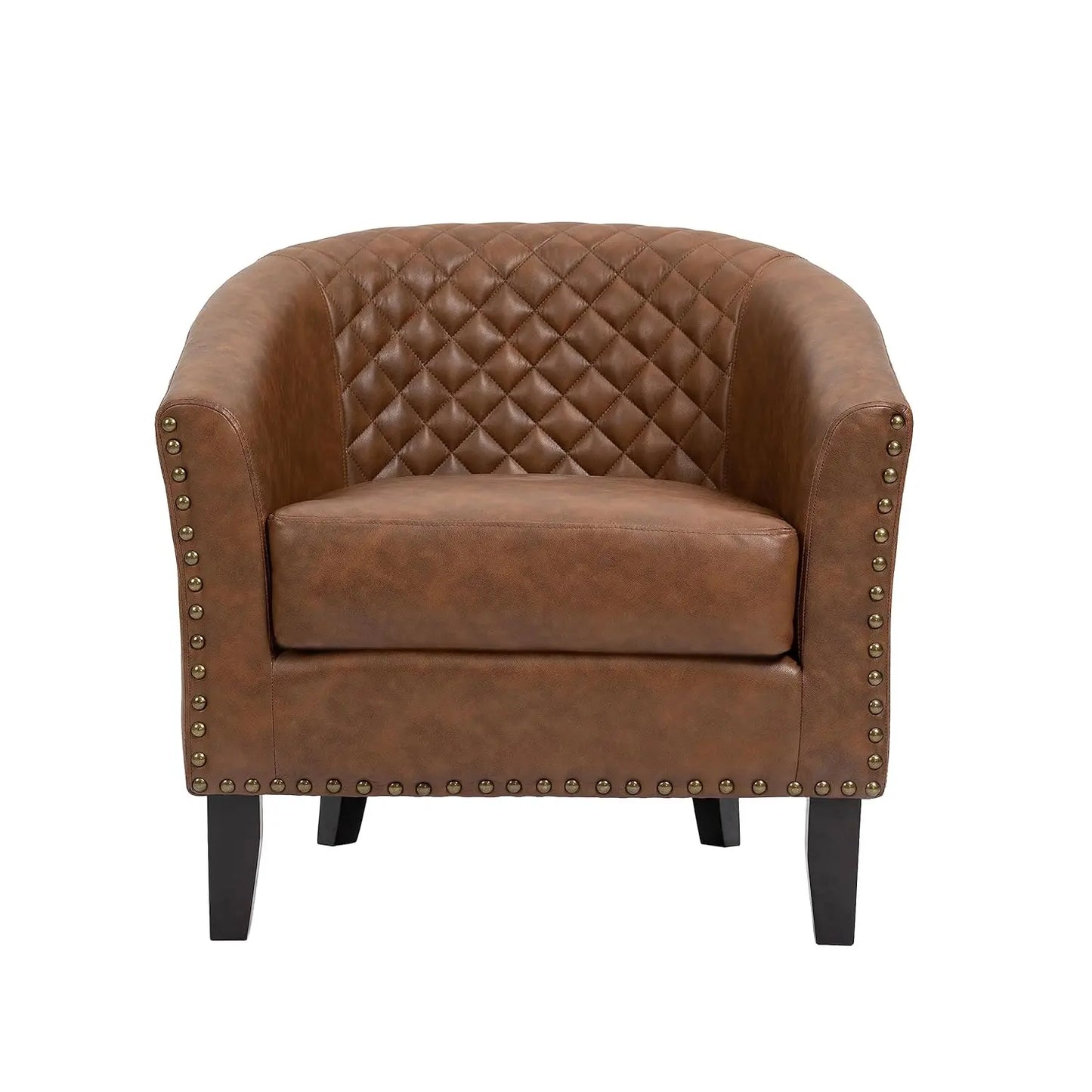 Faux Leather Barrel Accent Chairs Set of 2, Round Club Chair Modern Upholstered Armchair for Living Room, Comfy Nailed Trim Arm