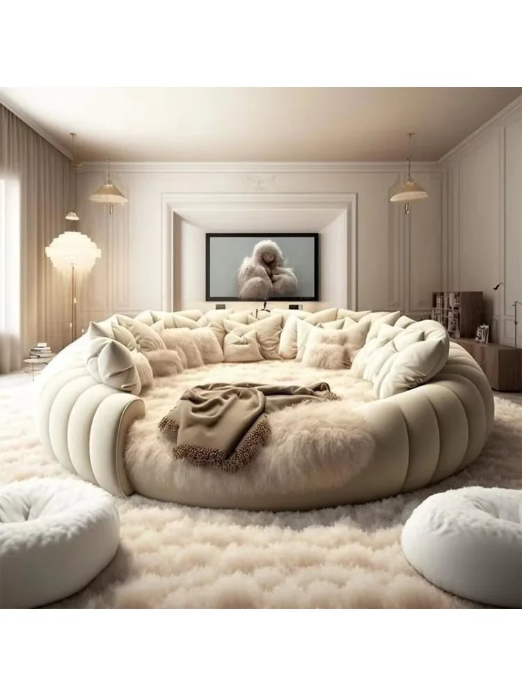 Round Double Bed Upholstered Bed Wooden Frame Family Hotel Princess Bedroom Bed