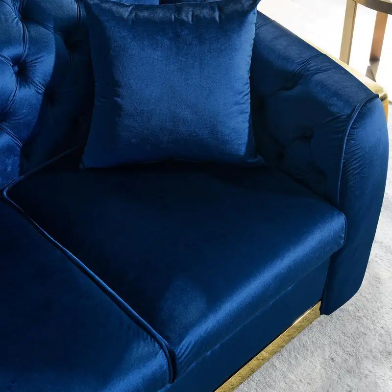 Navy Blue Velvet Chesterfield Sofa Set, Tufted 3-Seater Couch with Gold Stainless Accents for Living Room, New Package