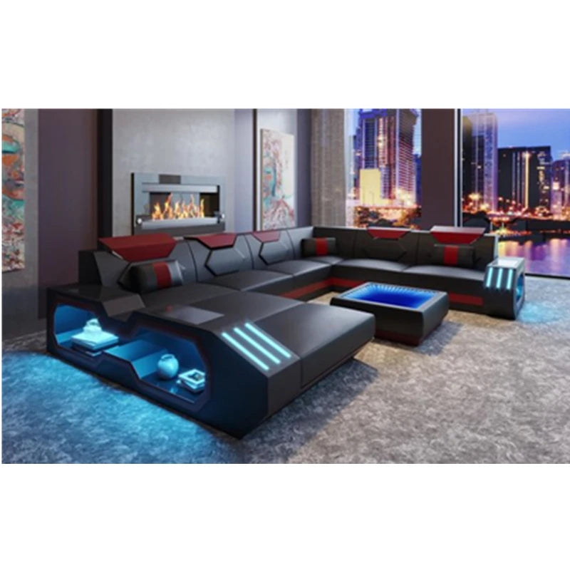 Luxury Italy Design Sectional Sofa Bed Modern LED Living Room Furniture Genuine Leather Sofas Sets
