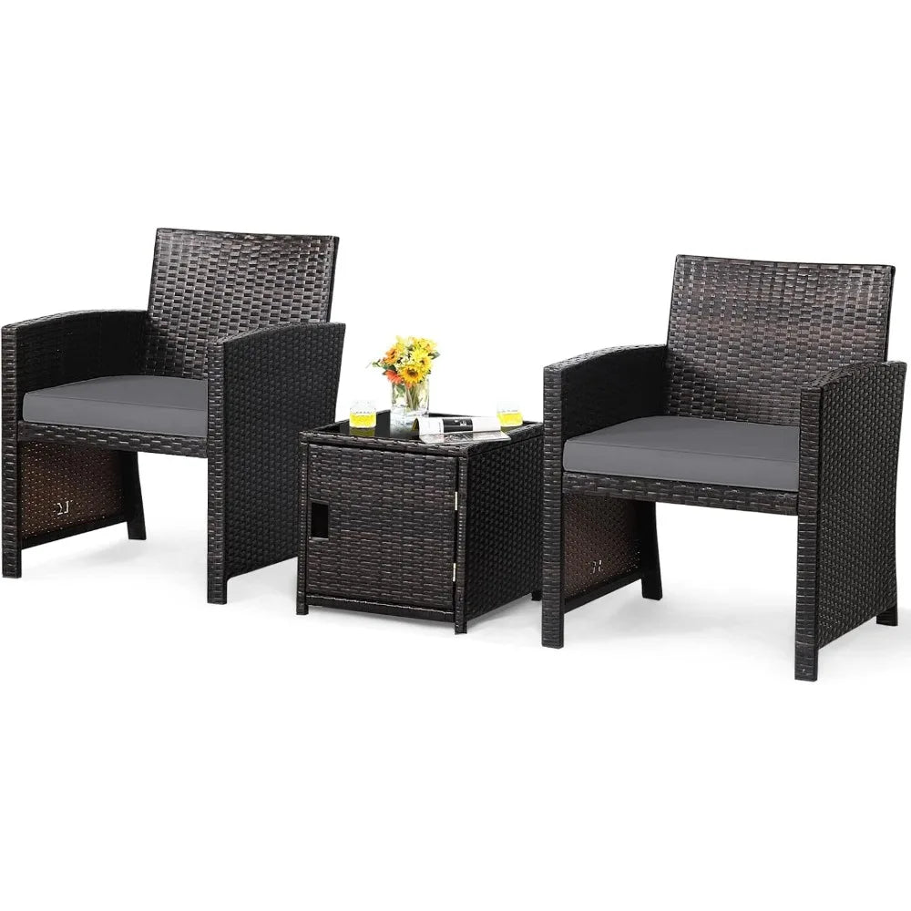 3 Piece Outdoor Bistro Set, PE Wicker Patio Conversation Set with Side Storage Table with Door, Soft Cushions and Pro