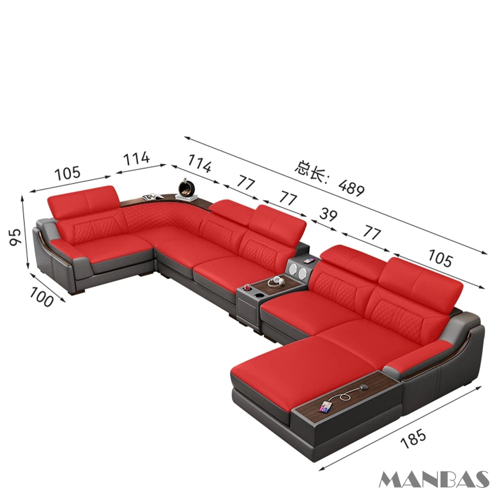 Stylish Italian Genuine Leather Sofa for Living Room with Cup Holder, USB, Adjustable Headrests & Bluetooth Speaker - Linlamlim
