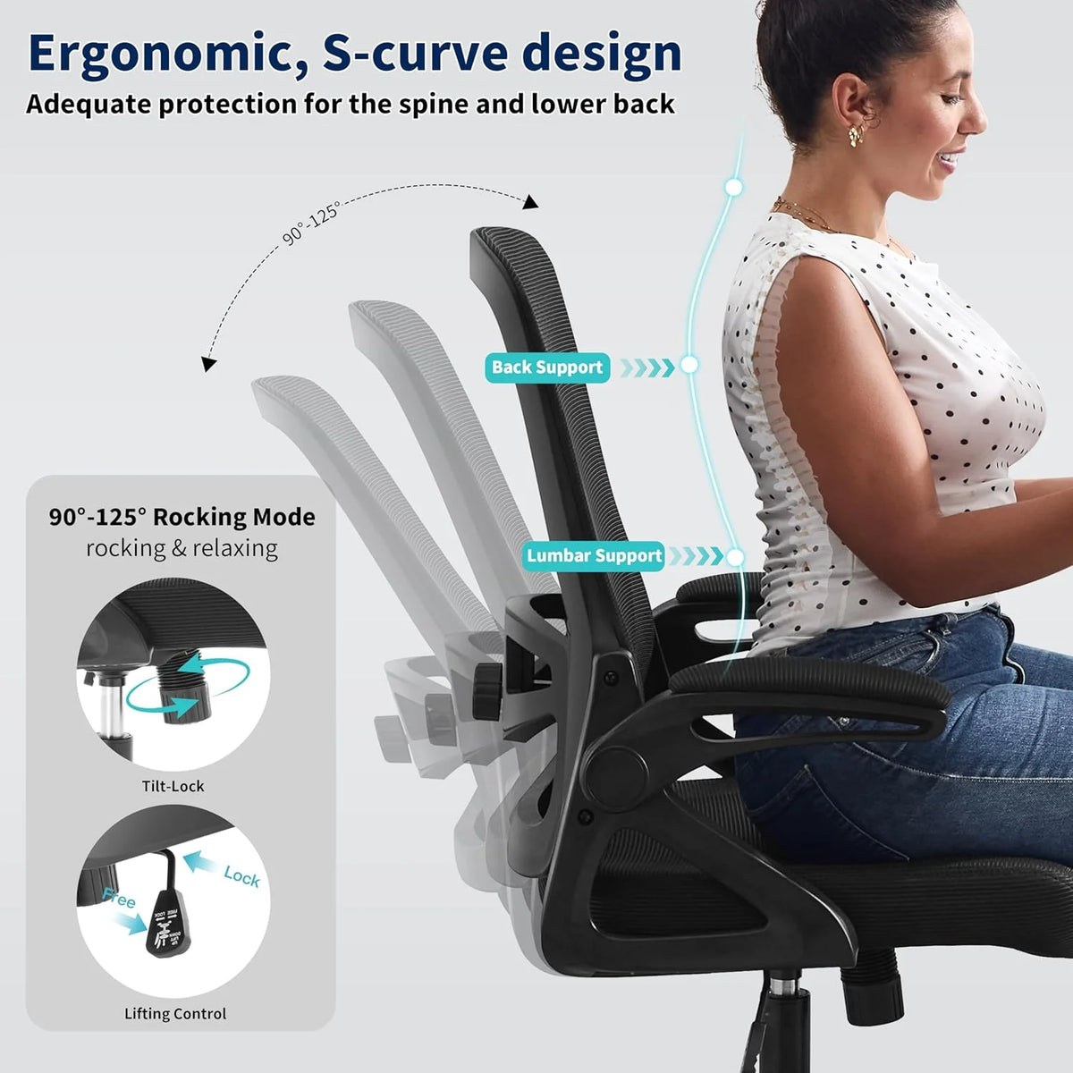 Ergonomic Office Chair, Desk Chair with Adjustable Lumbar Support, Breathable Mesh Comfy Computer Chairs with Flip-up Armrests