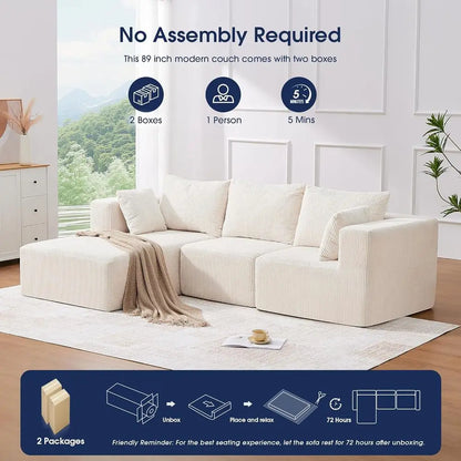 Corduroy L-Shape Sectional Sofa with Chaise Lounge, Beige
