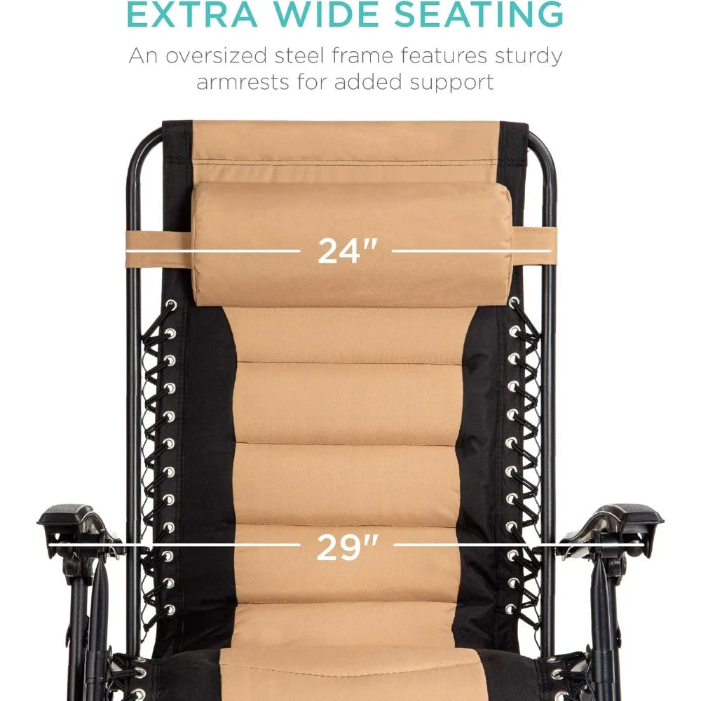 Oversized Padded Zero Gravity Chair, Folding Outdoor Patio Recliner, XL Anti Gravity Lounger for Backyard w/Headrest, Cup Holder