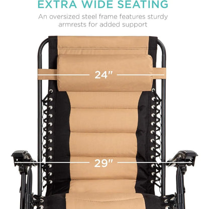 Oversized Padded Zero Gravity Chair, Folding Outdoor Patio Recliner, XL Anti Gravity Lounger for Backyard w/Headrest, Cup Holder